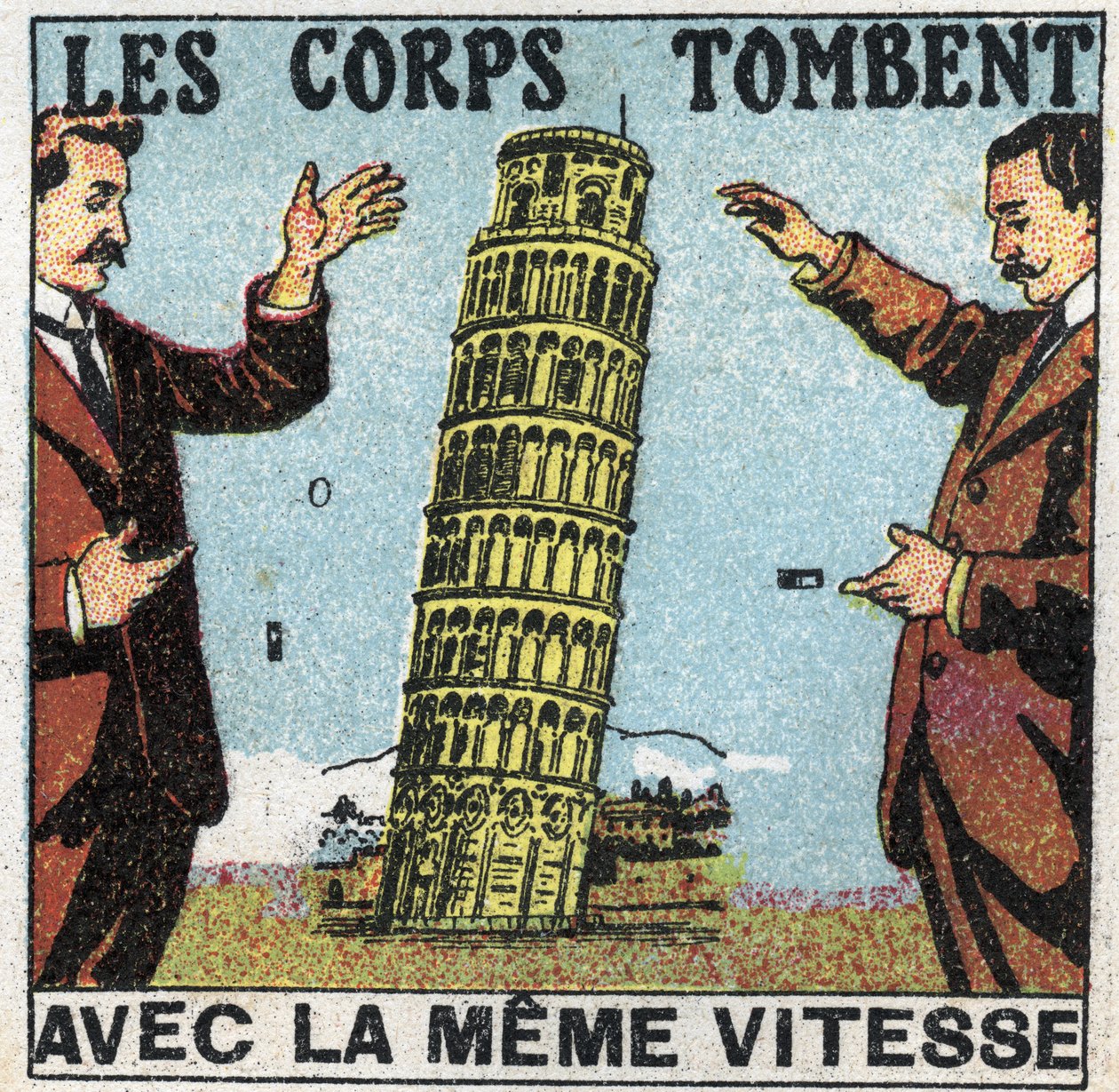 Tyngdekraft: kroppe falder med samme hastighed. Brug af tårnet i Pisa til at illustrere lovene for faldende kroppe. Anonym illustration fra 1925. Privat samling. af Anonymous Anonymous
