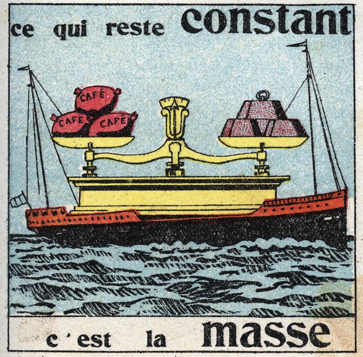 Tyngdekraft: massen forbliver konstant. En enorm vægt med vægte, der balancerer kaffeposer, alt sammen ligger på en båd. Anonym illustration fra 1925. Privat samling. af Anonymous Anonymous