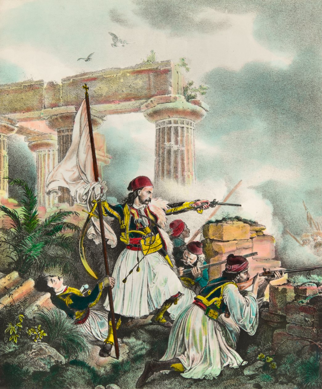 Græsk uafhængighedskrig mod det osmanniske imperium: banneret rejser sig til Salona af Nickolaki Mitropolos efter opstanden den 25/03/1821. Litografi af det 19. århundredes privatsamling af Anonymous Anonymous