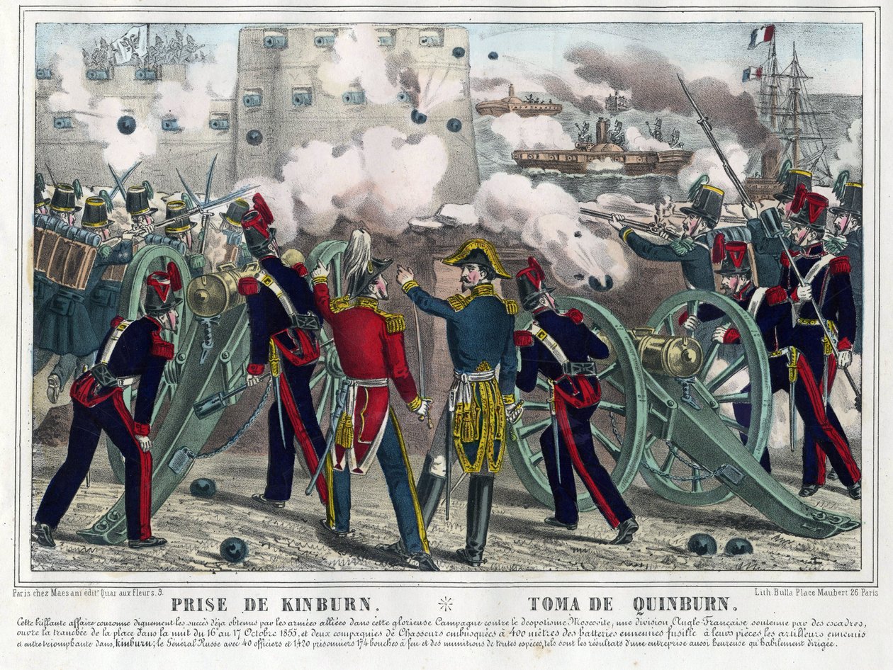 Guerre de Crimee - Bataille de Kinburn (1855) - Bombardement af Kinburn - Anonym - 1857 - Litografi, akvarel - 29,5x42,7 - Privat samling af Anonymous Anonymous
