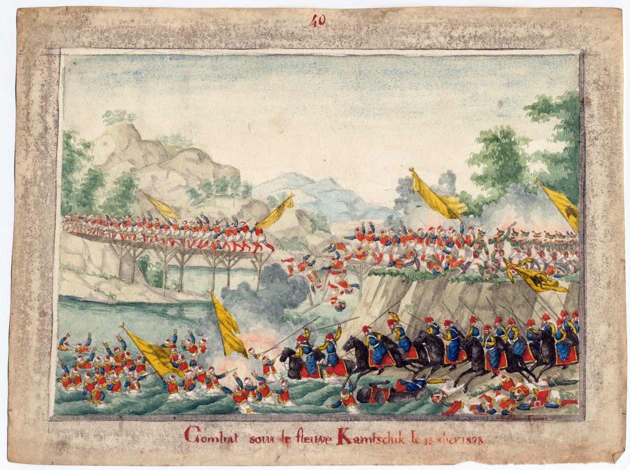 Guerre russo-turque de 1828-1829 - Slaget ved floden Kamchik den 15. oktober 1828 - Anonym - 1829 - Akvarel på papir - 22,4x30 - Privat samling af Anonymous Anonymous