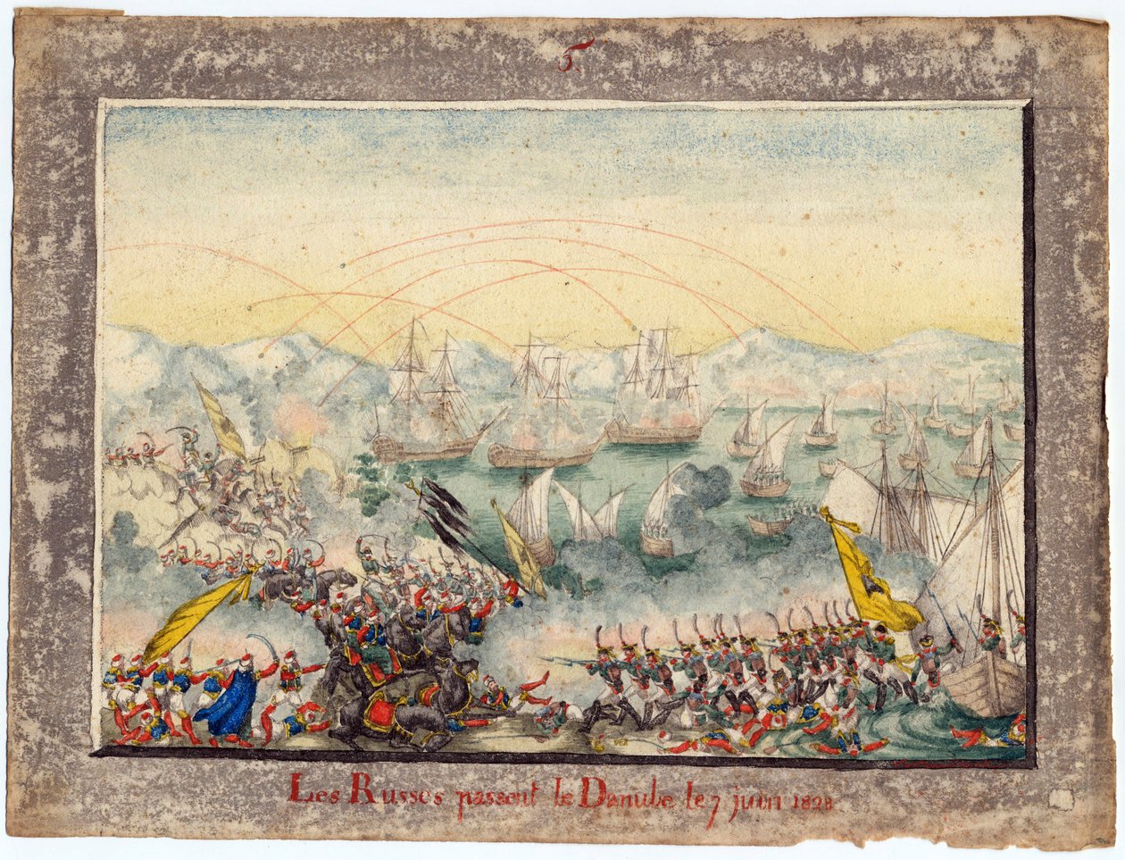 Guerre russo-turque de 1828-1829 - Russerne krydsede Donau i 1828 - Anonym - 1829 - Akvarel på papir - 22x30 - Privat samling af Anonymous Anonymous