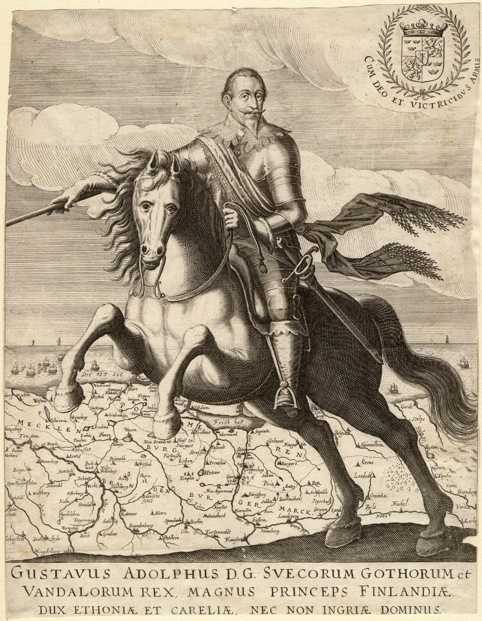 Gustave II Adolphe, dit le Grand ou le lion du Nord (1594-1632), roi de Suede, chevauchant la carte de Pomeranie - Gustavus Adolphus før kortet over Pommern i baggrunden - Anonym - 1630 - Kobberstik - 30,4x23, 9 - Privat samling af Anonymous Anonymous