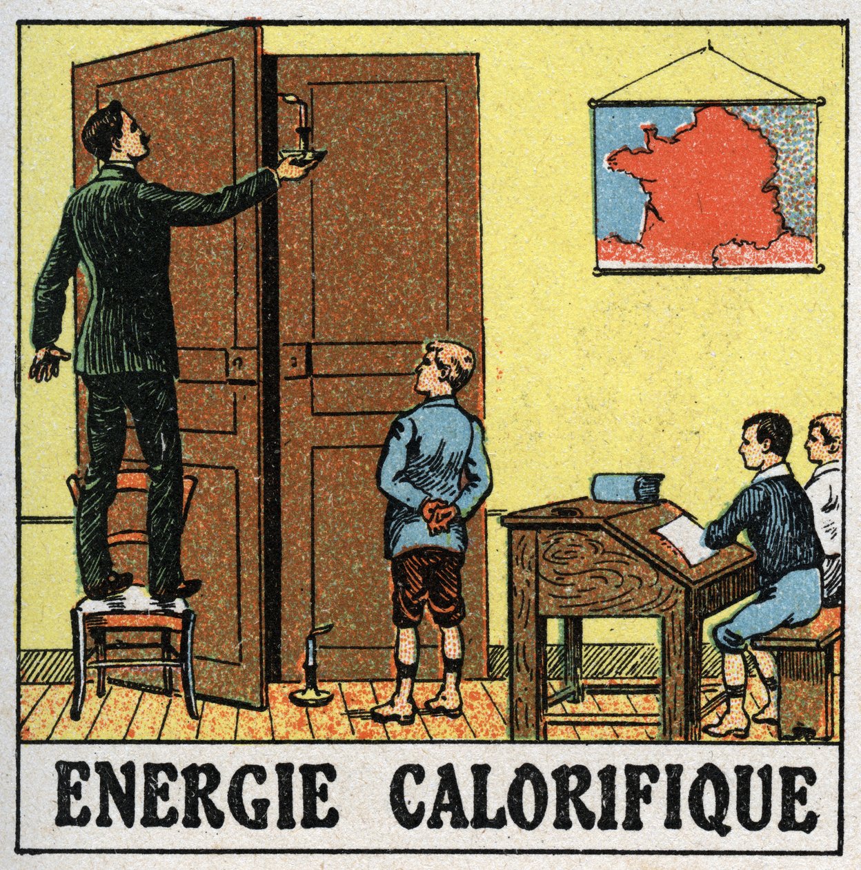Varmeenergi: en lærer i et klasseværelse holder et stearinlys nær en åben dør. Anonym illustration fra 1925. Privat samling. af Anonymous Anonymous