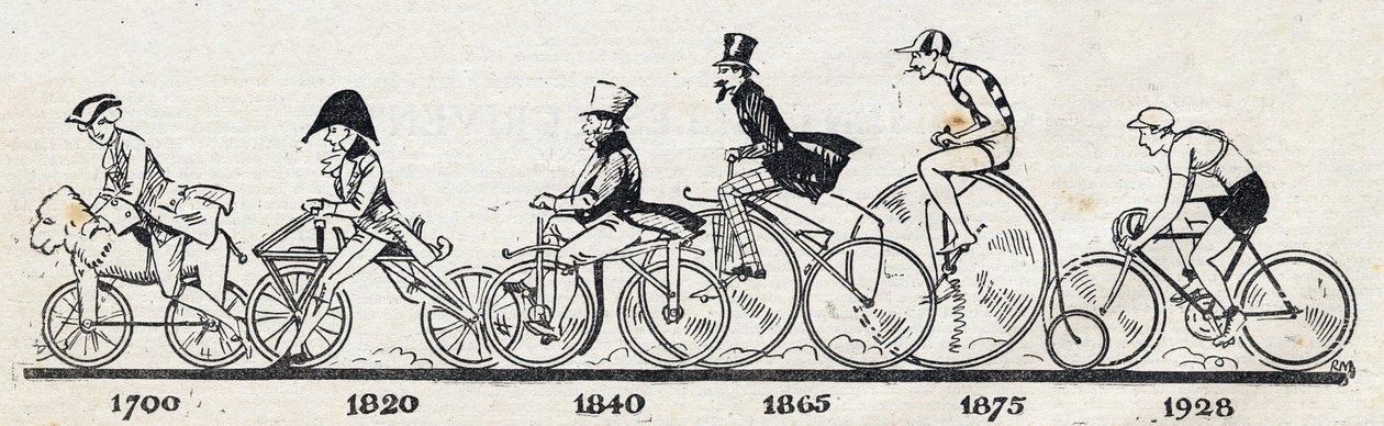Cyklens historie: forskellige cykelmodeller fra 1700 til 1928. Indgravering i "" Le petit journal illustrious"" af Anonymous Anonymous