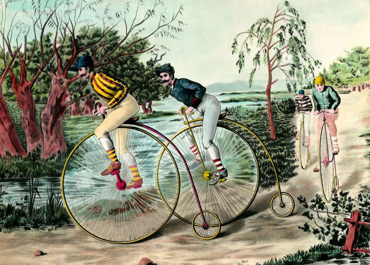 Cyklens historie: Grand bi race (grand bi). Indgravering af det 20. århundrede. Privat samling af Anonymous Anonymous