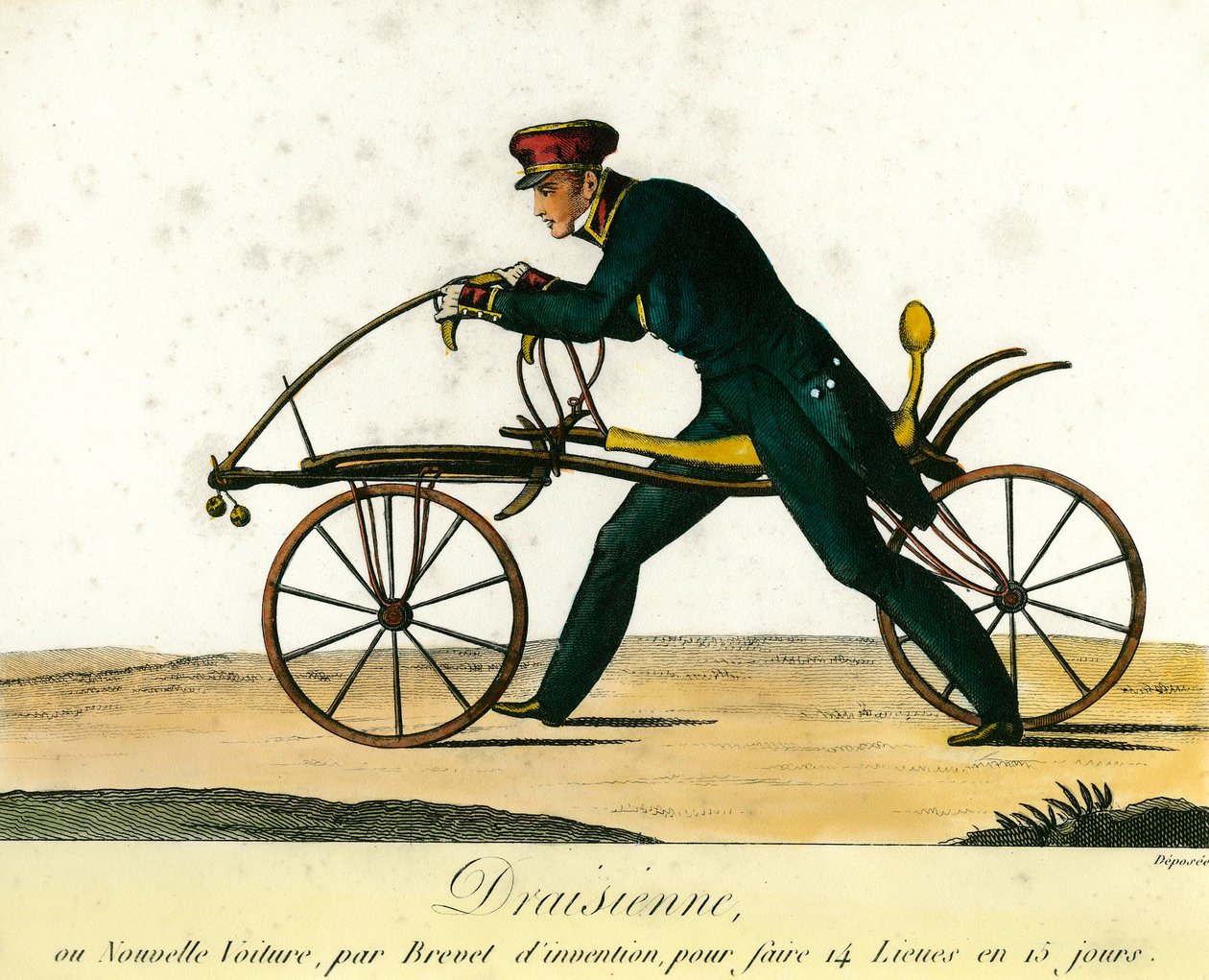 Cyklens historie: Draisienne, en meget populær ny bil omkring 1818. Indgravering fra 1818. Privat samling af Anonymous Anonymous