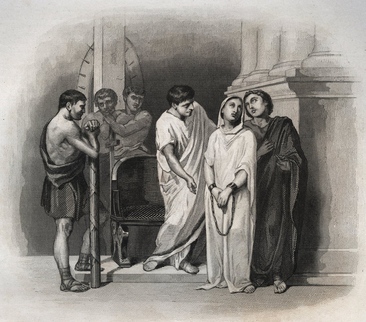 Hellig Sejr, led martyrdøden i Kartago med den hellige Saturnin, i 304. Indgravering fra 1846 i "" Helgenernes liv"". Privat samling. af Anonymous Anonymous