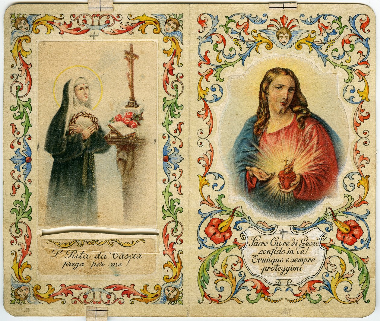 Hellig billede med den hellige Rita af Cascia og Jesus med helligt hjerte (tryk) af Anonymous Anonymous