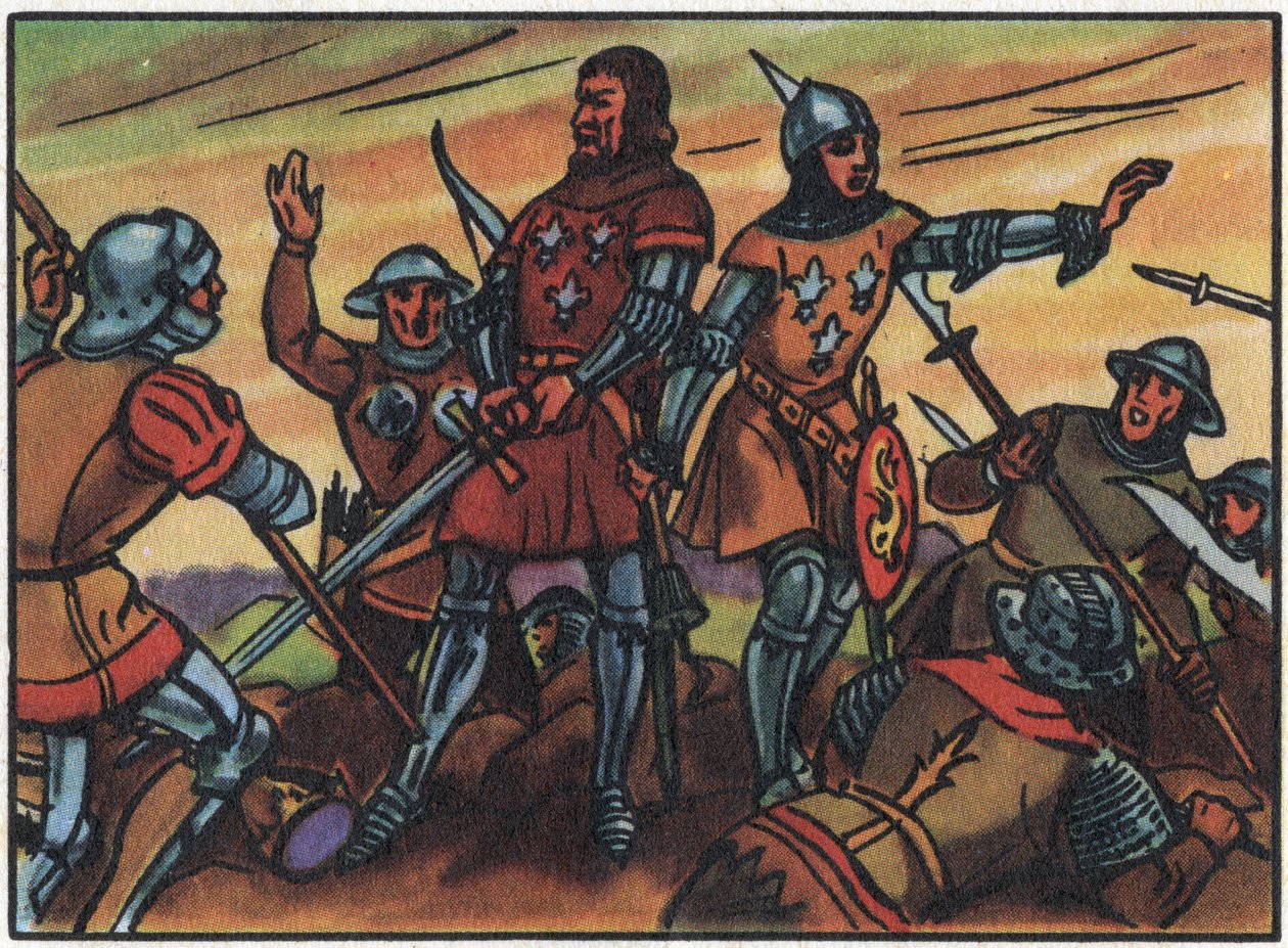 Hundredårskrig: "" Kongen af Frankrig John II den Gode (1319-1364) blev taget til fange af englænderne i slaget ved Poitiers den 19/09/1356". Anonym illustration i "" Collection des souverains et chefs d