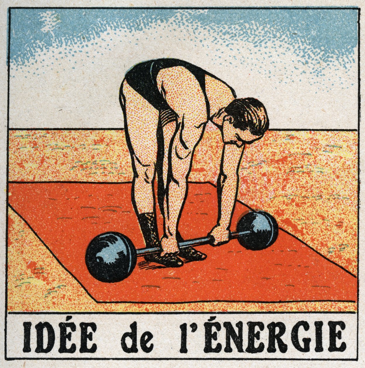 Idé om energi: atlet løfter en vægt. Anonym illustration af 1925. Privat samling. af Anonymous Anonymous