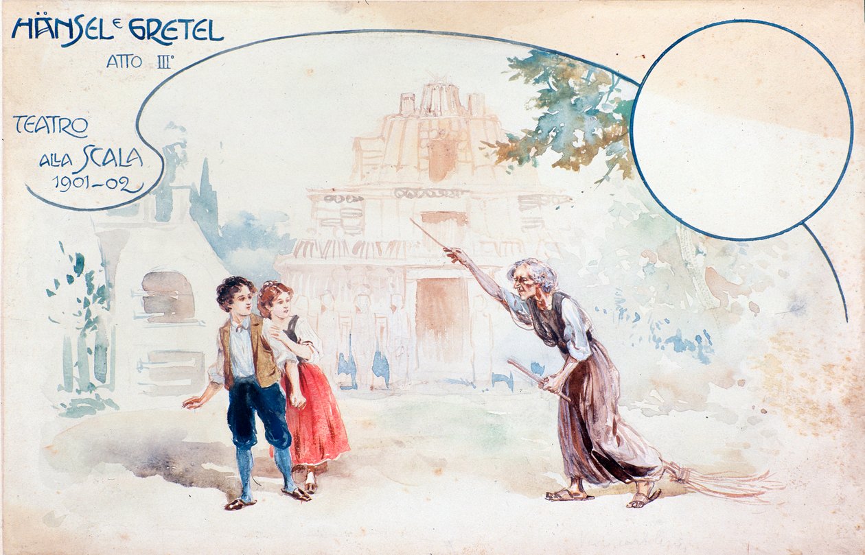 Illustration af Hansel und Gretel opera af Humperdinck, under forestillingen på teatro alla Scala af Anonymous Anonymous
