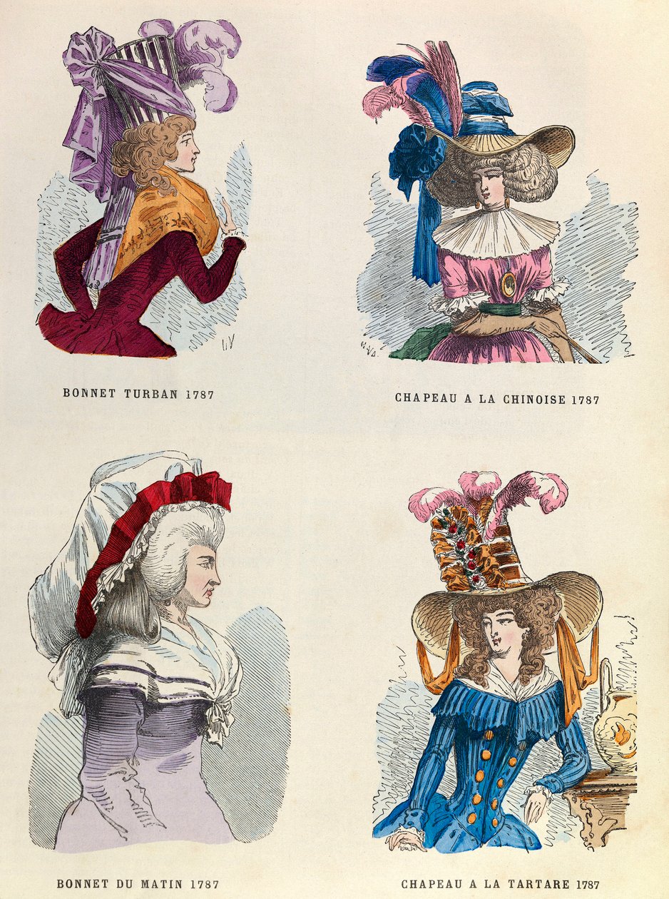 I 1787 Turban hat; Morgen hat; Kinesisk hat og tandstenshat - privat samling af Anonymous Anonymous
