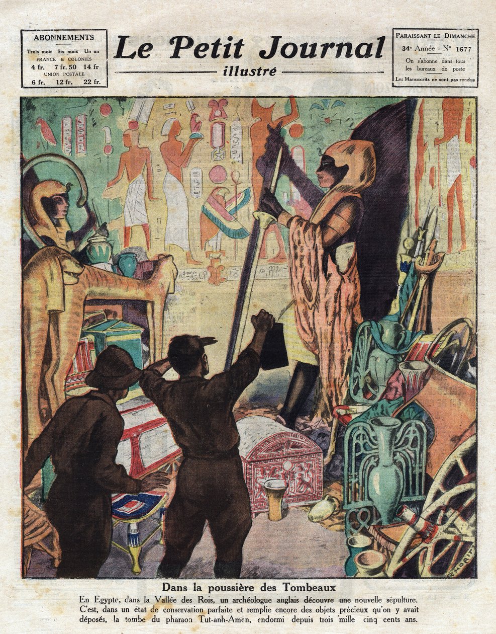 I november 1922 gik den engelske egyptolog Howard Carter og Lord Carnarvon for første gang ind i farao Tutankhamons grav - Illustration fra "Le Petit Journal" 11/02/1923 (gravering) af Anonymous Anonymous