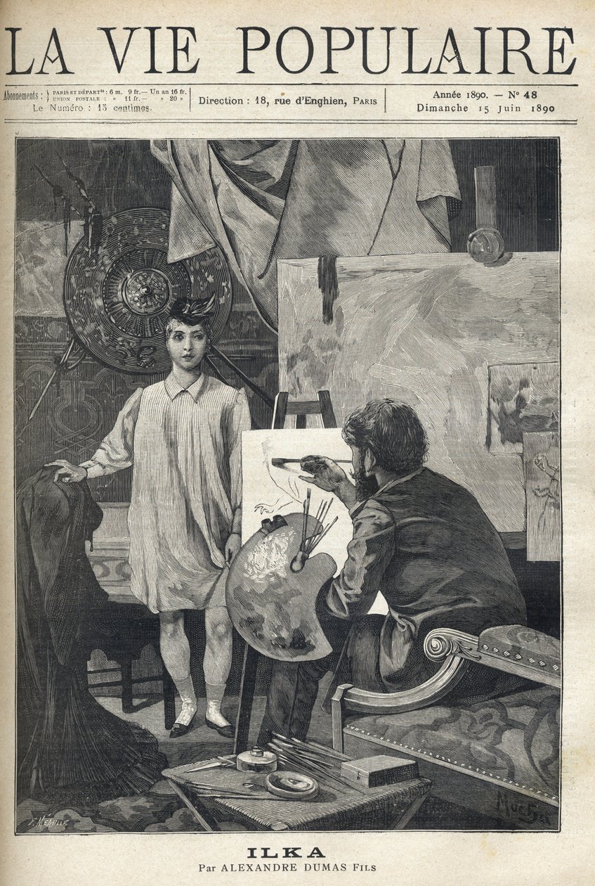 På et værksted er det en ung model i skjorte og sok iført en lille fjerhue, der poserer for en maler, sætter sig ved sit staffeli og holder sin palet og pensler på sin skitse. Illustration af Alfons Maria Mucha (Alphonse Marie Mucha af Anonymous Anonymous
