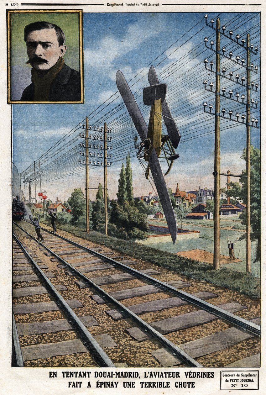 I at friste Douai - Madrid gjorde flyveren Jules Vedrines (1881-1919) Epinay til et frygteligt fald. Indgravering i Le Petit Journal””, den 12/05/1912 af Anonymous Anonymous
