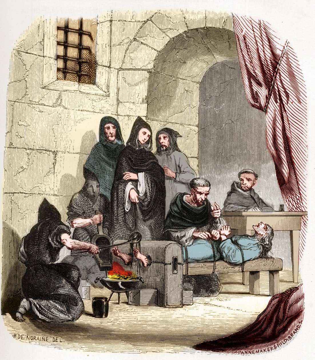 Inkvisition i Spanien i det 15. århundrede: Maria af Bourgogne (1457-1482), anklaget for at være jøde, tortureres af (helgen) Peter (Pedro) af Arbues (1441/1442-1485), spansk inkvisitor: han brænder sine fødder . Illustration i "" Mysteres of the Inquisiti af Anonymous Anonymous