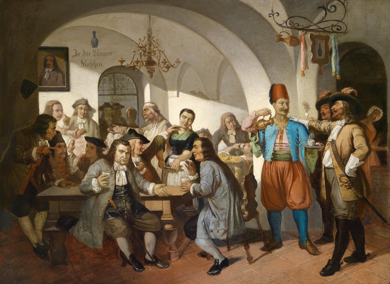 ""Interiør af en café i Wien, Østrig"" (Old Vienna Coffee House Scene) Anonymt maleri omkring 1900 Dim 63x100 cm Privat samling af Anonymous Anonymous