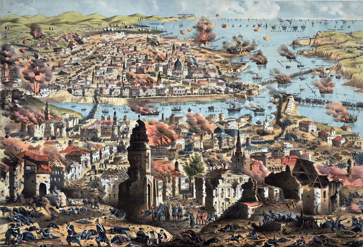 Interiør af Sevastopol (Sebastopol), ødelæggelse af byen af russerne, deres tilbagetog - Ukendt artilleriofficer - 1855 - Farvelitografi - 51,3x68,4 - Privat samling af Anonymous Anonymous
