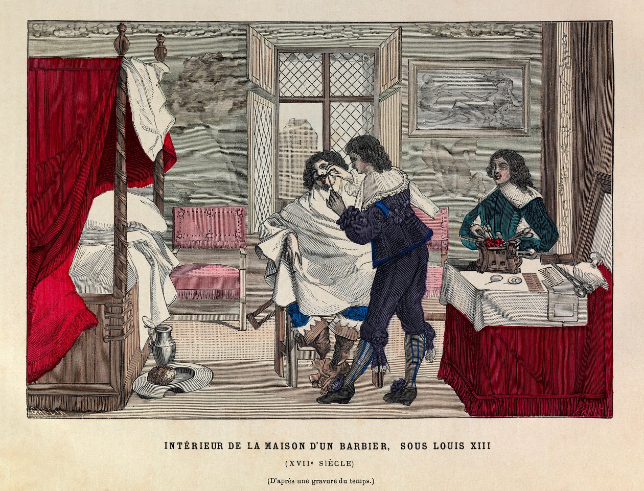 Interiør af et barberhus i Paris under kong Ludvig XIII