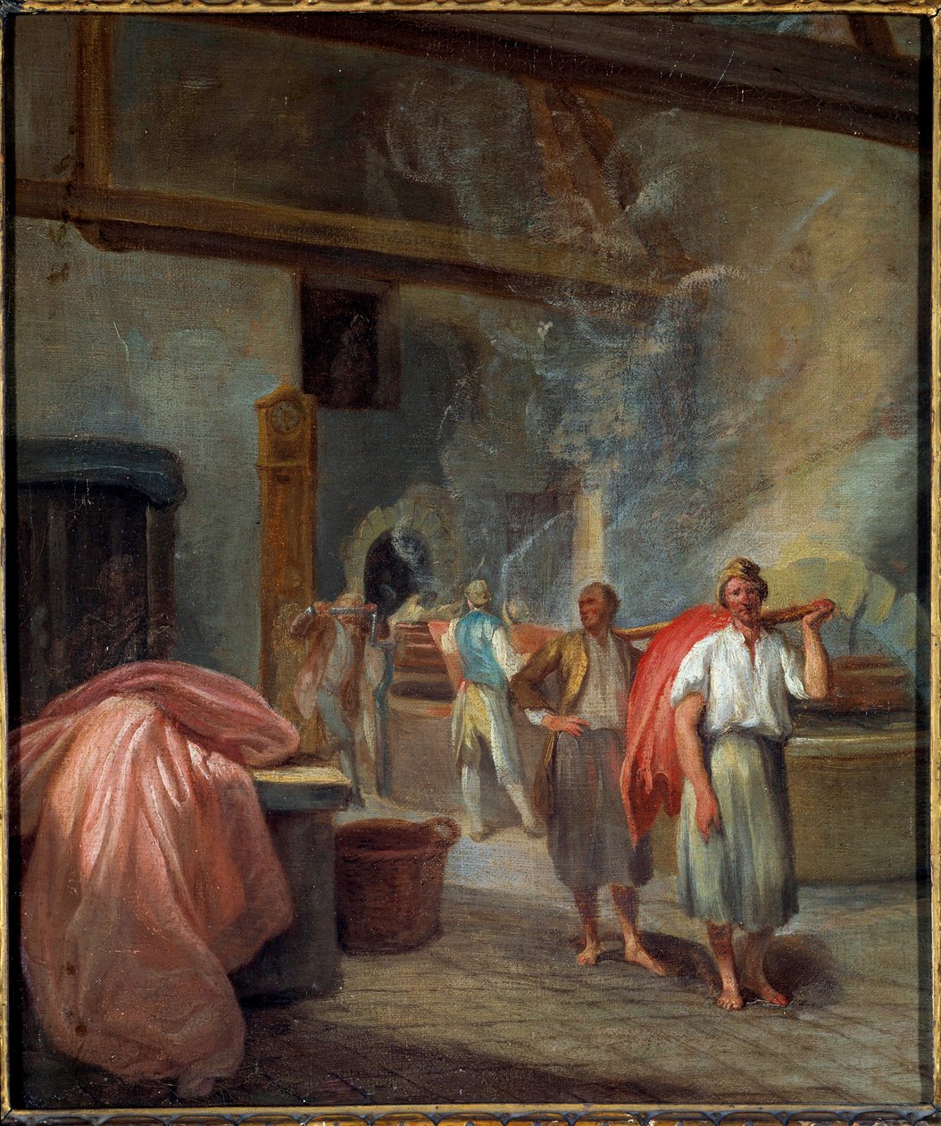 Interiør af et farveværksted på Les Gobelins Anonymous maleri. 1760. Dim 0,37 x 0,30 m Paris, Musee Carnavalet af Anonymous Anonymous