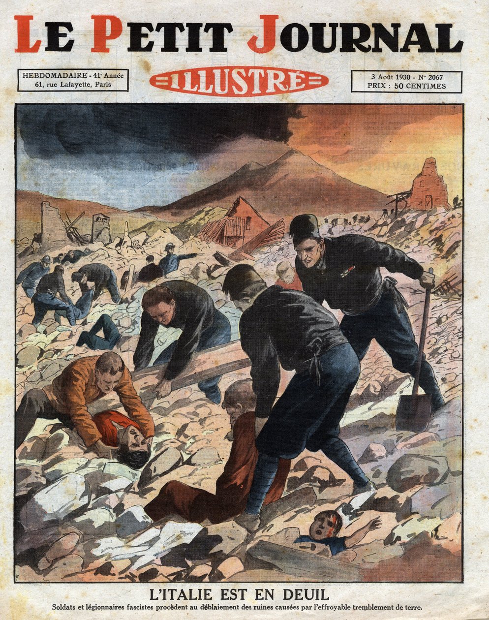 Italien er i sorg: soldater og fascistiske legionærer (sorte skjorter) fortsætter med at optrevle ruinerne forårsaget af det forfærdelige jordskælv øst for Napoli. Gravering. En af avisen "" Le Petite Journal Illustrous"", den 3/08/1930. Privat samling. af Anonymous Anonymous