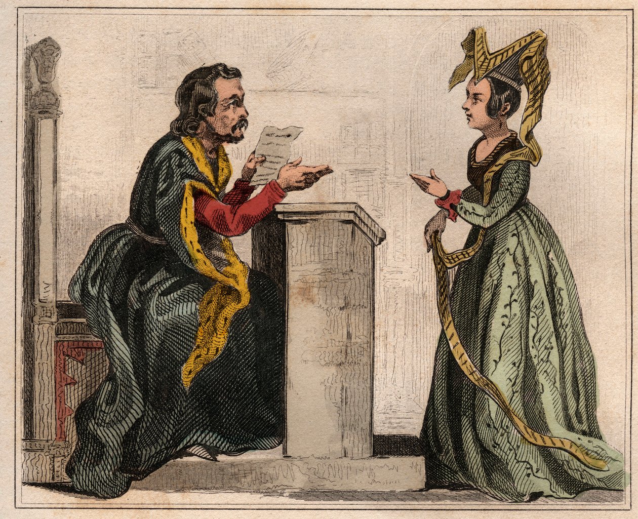 Jehan Pastoret (1328-1405), formand for Paris-parlamentet under Charles Vs regeringstid med en adelig kvinde, iført en liripion. Stik fra 1859 i "" Le Monde. Alle folkeslags historie fra de fjerneste tider til i dag”. af M. E. de Lostal af Anonymous Anonymous