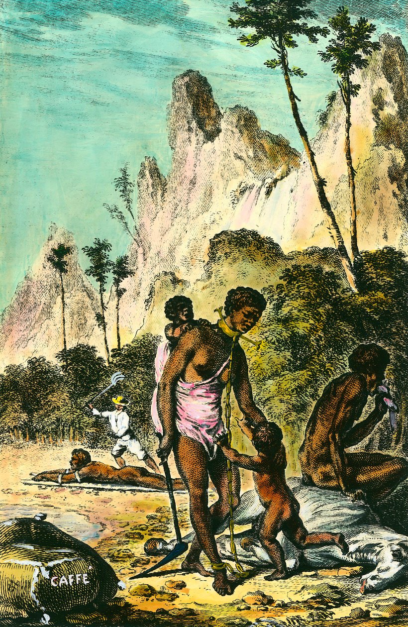 Rejsen til Ile de France (nuværende Mauritius): slavernes arbejde. En hvid udnyttelsesmester pisker en slave, der ligger på jorden. En kvinde bærer en halskæde med sin fod. Stik af det 18. århundrede. Privat samling. af Anonymous Anonymous