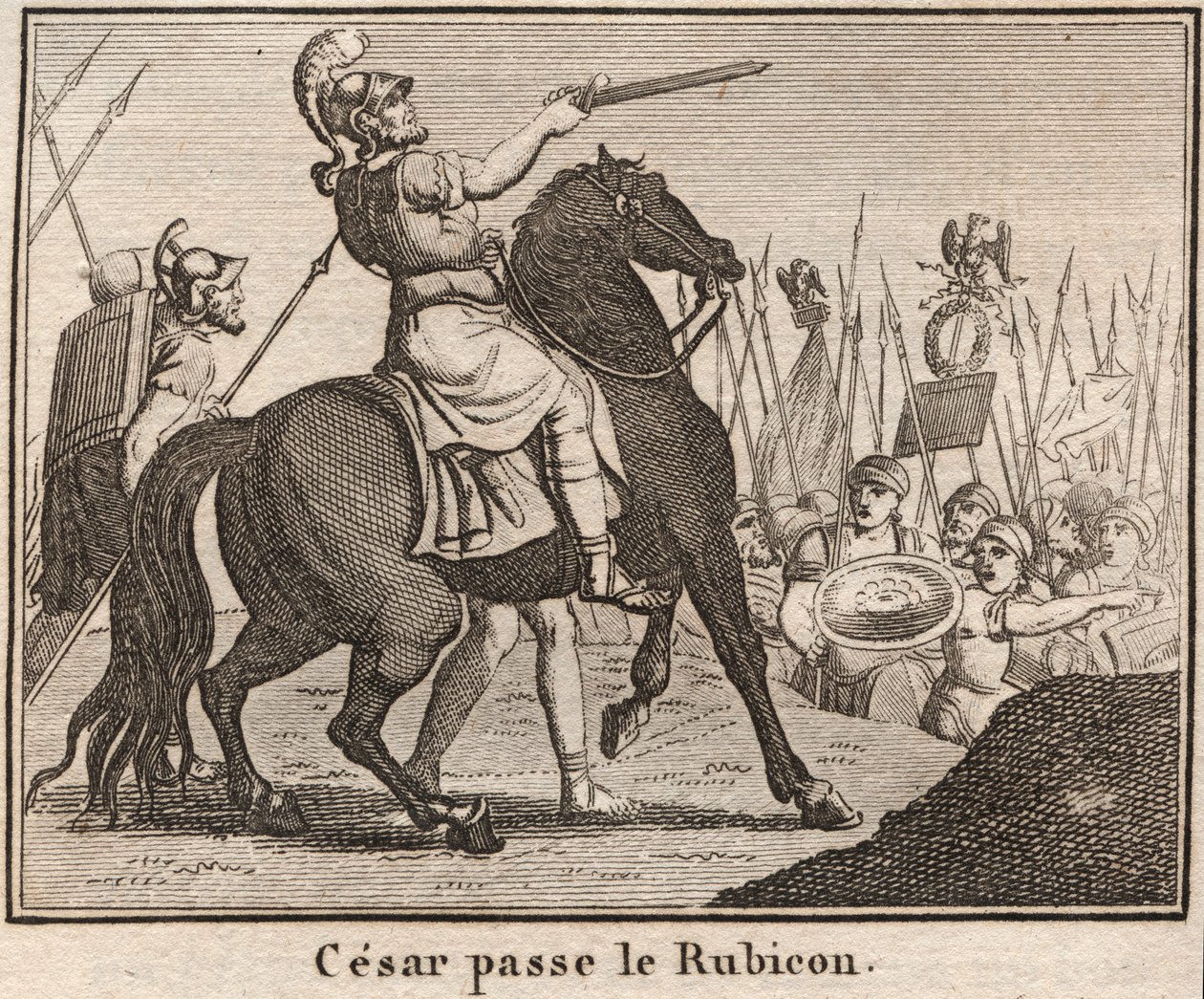 Julius Cæsar (100-44 f.Kr.) Krydser Rubicon - "" Le Passage du Rubicon af Jules Cesar"" Den romerske general Jules Cesar krydsede Rubicon den 11/01/49 f.Kr. som udgør adskillelsen mellem Cisalpine Gallien og Italien - Indgravering i "" The Rollin of Yo af Anonymous Anonymous