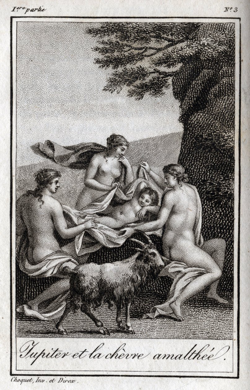 Jupiterbarn fodret af geden Amalthee. Stik fra 1819 i "Lettres a Emilie sur la mythologie" af Charles Albert Demoustier (1760-1801). Privat samling. af Anonymous Anonymous