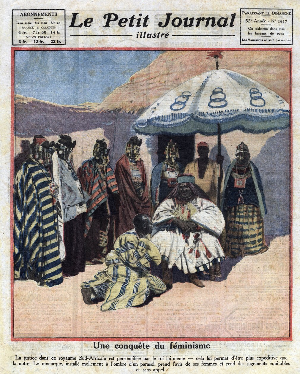Håndhævelse af retfærdighed og feminisme i sorte afrikanske lande: en sydafrikansk konge rådfører sig med sine kvinder, før han fælder dom. Illustration taget fra “” Le petit journal”” fra 18/12/1921 Samling privee af Anonymous Anonymous