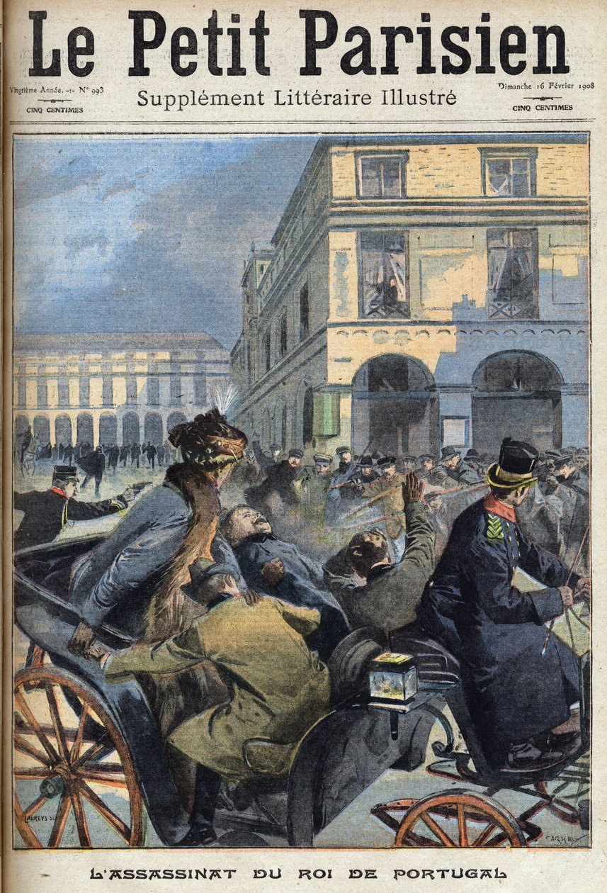 Kong Charles I af Portugal (1863-1908) og kronprins Luis Filipe blev myrdet i Lissabon af republikanerne den 1. februar 1908. En af avisen "" Le petit parisien"" den 16/02/1908. Privat samling. af Anonymous Anonymous