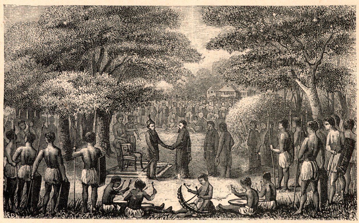 Kong Lebuschi byder velkommen til Henri Depelchin (1822-1900), jesuitermissionær og første overordnede for Upper Zambeze-missionen i Afrika. Indgravering i "Les Missions Catholiques au XIXeme Siecle"" af Louis-Eugene (Louis Eugene) Louvet. privat samling. af Anonymous Anonymous