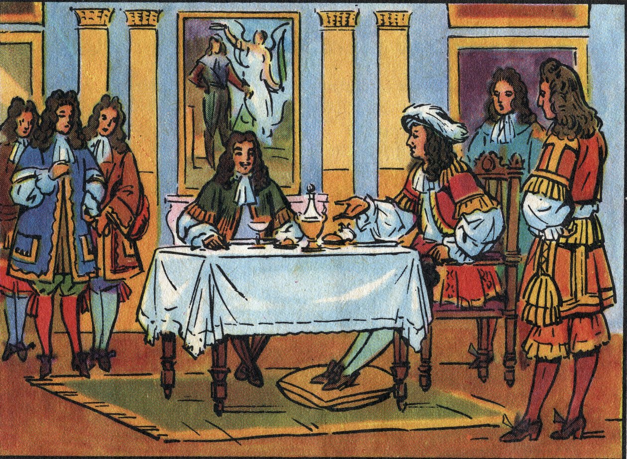 Kong Ludvig XIV (1638-1715) modtog komikeren og dramatikeren Jean Baptiste Poquelin dit Moliere (1622-1673) under en morgenmad i nærværelse af hoffet på slottet i Versailles. Anonym illustration i "" Collection des souverains et chefs d