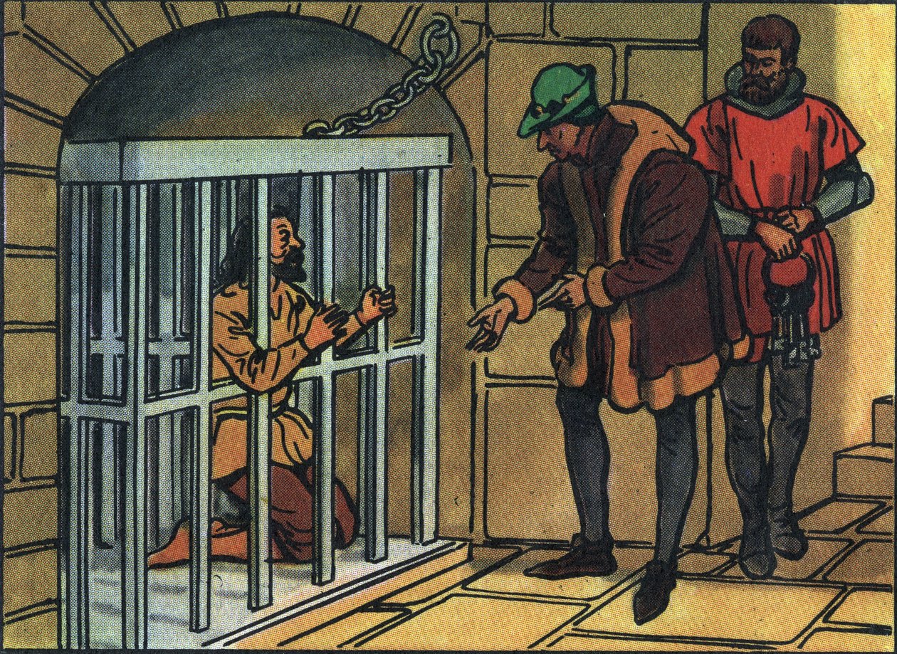 Kong Ludvig XI besøger burene i Bastille-fængslet. Anonym illustration i ""Samling af Frankrigs suveræner og statsoverhoveder"". 20. århundrede. Privat samling. af Anonymous Anonymous