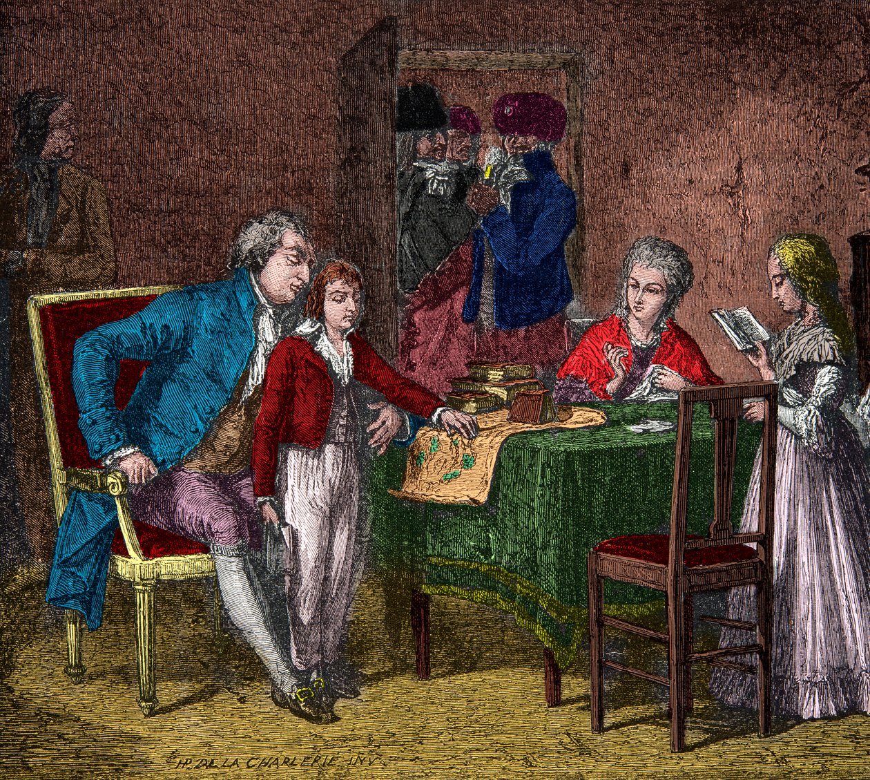 Kong Louis XVI og den kongelige familie holdt i templet under opsyn af de revolutionære, gravering, privat samling af Anonymous Anonymous