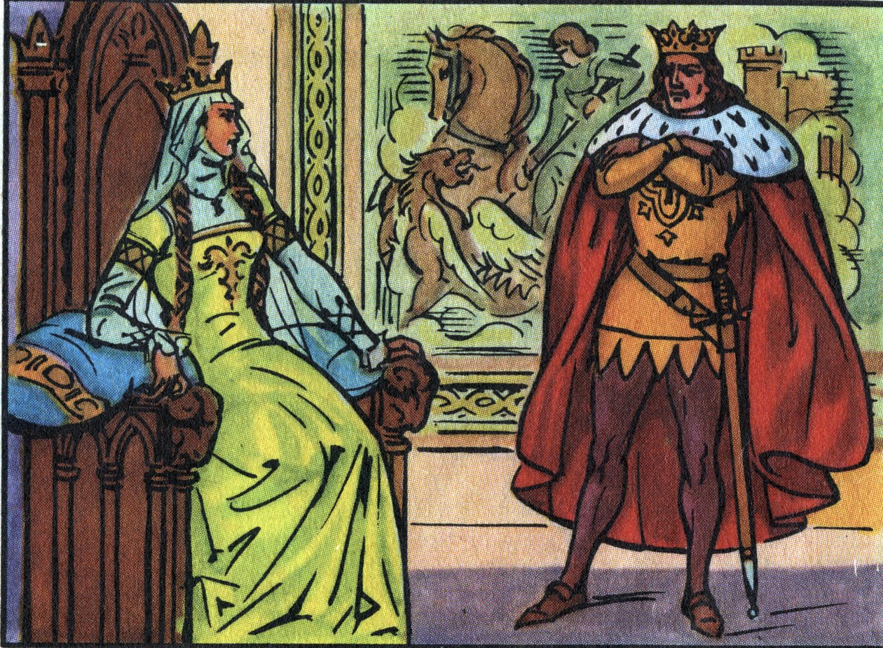 Konge af Frankrig Ludvig X Hutinen (1289-1316) med Margarita af Bourgogne (1290-1315). Anonym illustration i ""Samling af Frankrigs suveræner og statsoverhoveder"". 20. århundrede. Privat samling. af Anonymous Anonymous