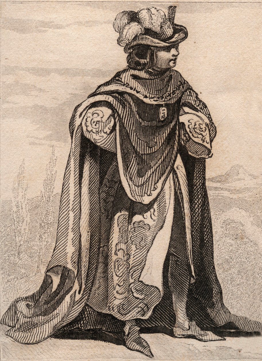 Ridder af Vor Frue af Thistle-ordenen. Stik fra 1859 i "" Le Monde. Alle folkeslags historie fra de fjerneste tider til i dag”. af M. E. de Lostalot-Bachoue (Lostalot Bachoue). Privat samling. af Anonymous Anonymous