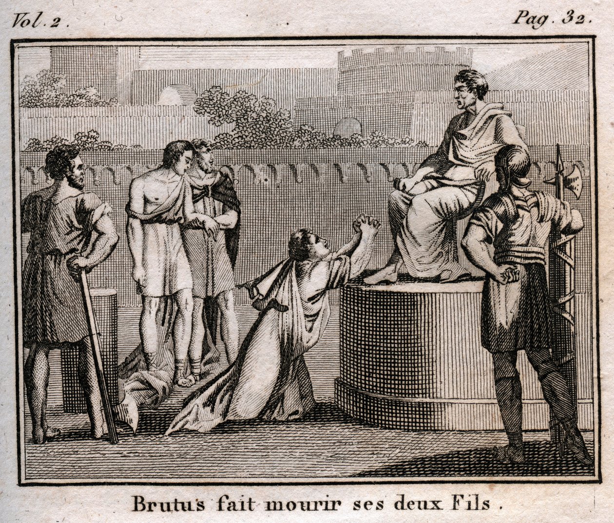 LUCIUS JUNIUS BRUTUS dømmer sine egne sønner til døden for at planlægge at genoprette Tarquins, de fordrevne konger af Rom, 509 f.Kr. - Indgravering fra "" Ungdommens Rollin eller udvalgte stykker af antikke og romerske historier"" 1816 - Privat samling af Anonymous Anonymous