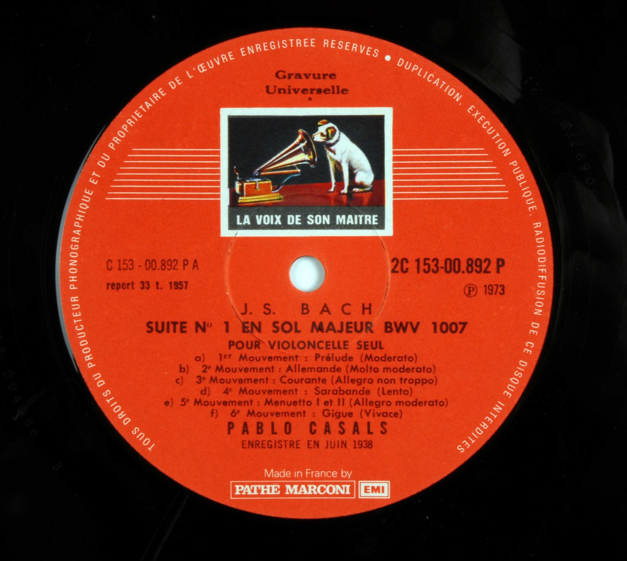 Etiket af pladen 33 omgange (vinylplade) af mærket "EMI the voice of his master"" af Pablo Casals, der fortolker 6 suiten for cello af Jean Sebastien Bach (Johann Sebastian Bach) af Anonymous Anonymous