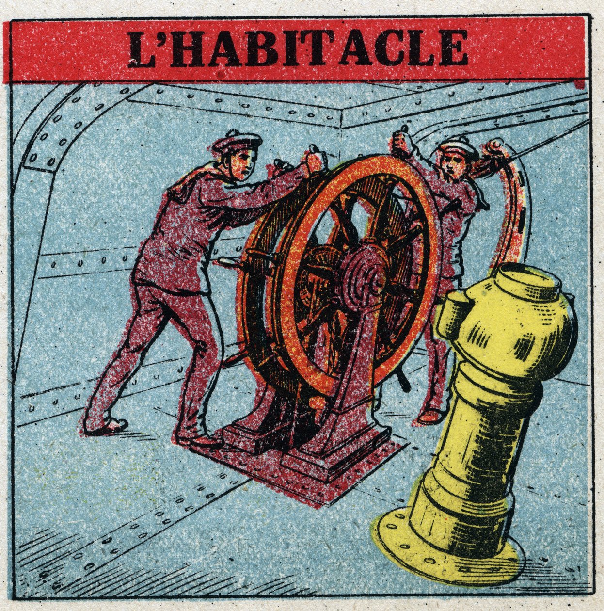 Landmagnetisme: to sømænd, der manøvrerer roret på et skib og kigger på cockpittet, en kobberkasse, hvori en kompakt er placeret. Anonym illustration fra 1925. Privat samling. af Anonymous Anonymous