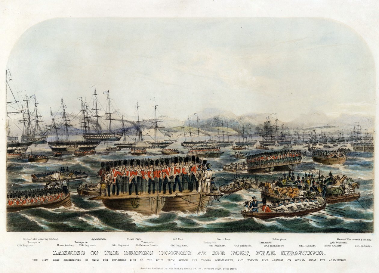 Landgang af den britiske division ved Old Fort, nær Sevastopol - Anonym - 1854 - Farvelitografi - 29,8x42 - Privat samling af Anonymous Anonymous