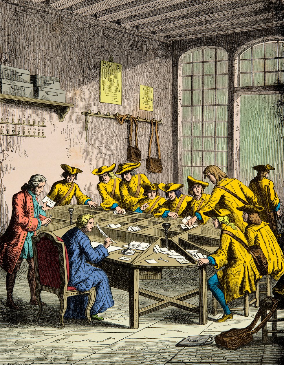 Stort postkontor i Paris under kong Louis XVI, gravering, privat samling af Anonymous Anonymous