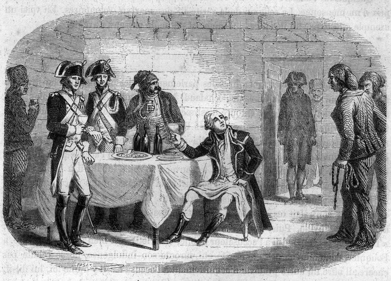 De sidste øjeblikke af hertug Armand Louis de Gontaut de Biron, øverstkommanderende for Rhinens og Vars hære; død 1793 - Indgravering i "Girondinernes historie" af Alphonse de Lamartine (1790-1869) 1865-1866. Privat samling af Anonymous Anonymous