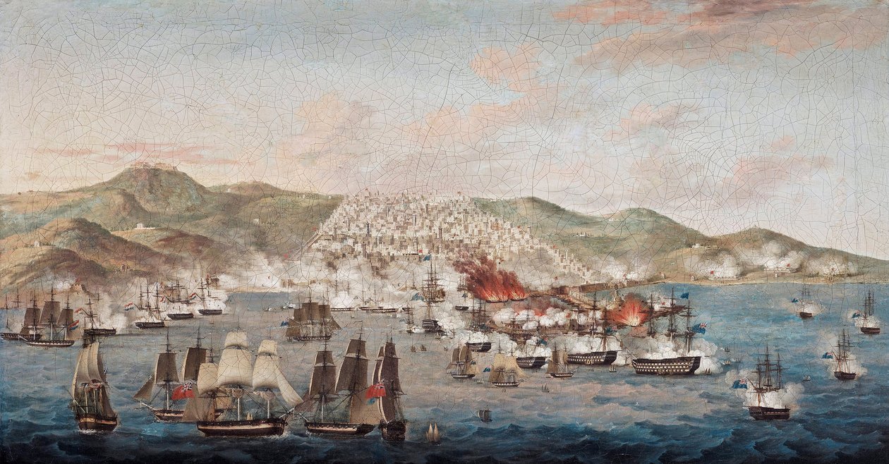 Bombardementet af Algier (Algeriet), 27. august 1816, straffeaktion beordret af Sir Edward Pellew (1757-1833), for at opnå løsladelse af den britiske konsul, såvel som mere end 1000 kristne slaver, tidligere sømænd taget til fange af algerierne - Flagermus af Anonymous Anonymous