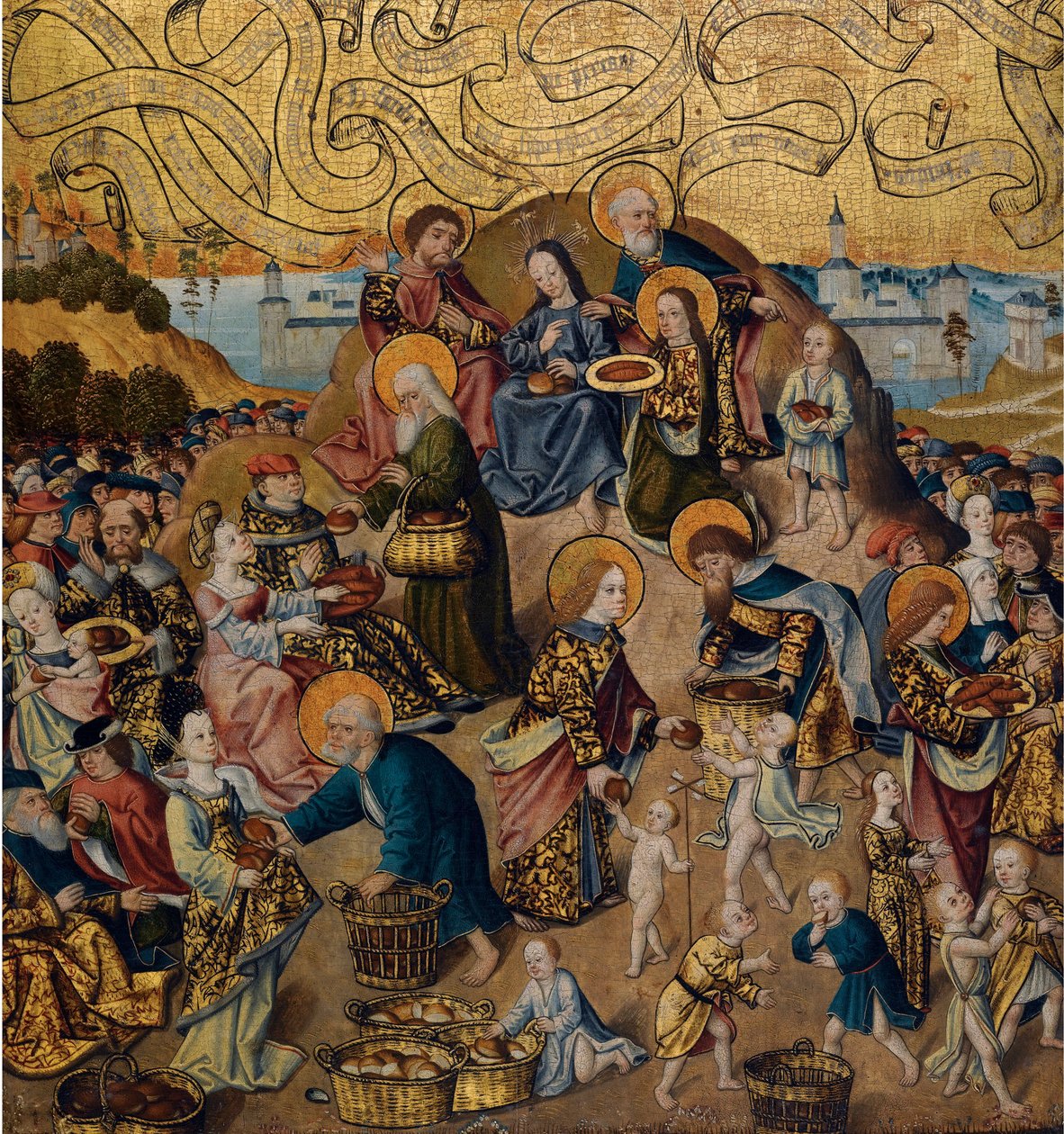 ""Miraklet med de fem brød og to fisk"" Anonymt maleri på træ, omkring 1500 (Miraklet med de fem brød og to fisk af Anonymous) c 1500 - Olie på træ, 68,9x62,7 - Privat samling af Anonymous Anonymous