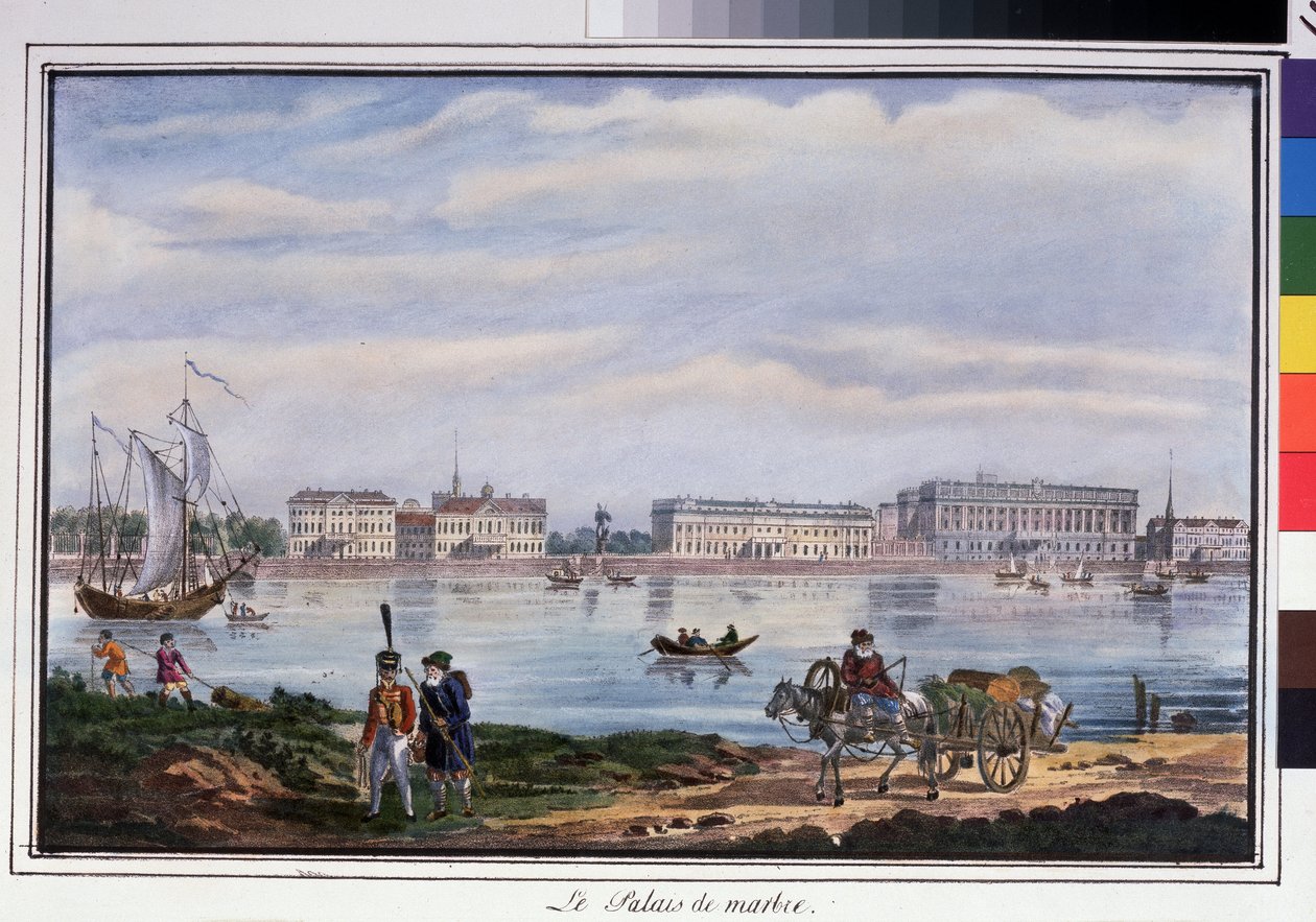 Marmorpaladset og Neva-dæmningen i Sankt Petersborg. Anonym litografi, farvelagt i akvarel, 22 x 32 cm af Anonymous Anonymous