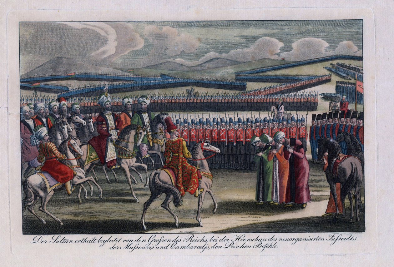 ""Den osmanniske sultan Selim III (1761-1808) gennemgår sit nye infanteri"" Anonym gravering 1806 Privat samling af Anonymous Anonymous