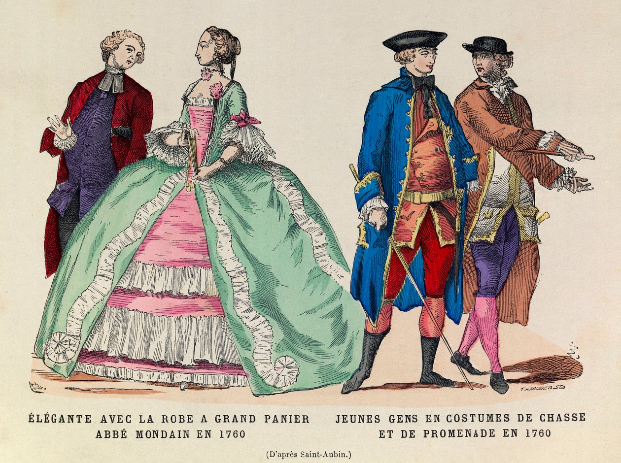 Til venstre: Elegante med en stor kurvkjole, mondain abbe i 1760/højre: Unge mænd i jagt- og vandredragt i 1760 (kong Ludvig XVs regne) - privat samling af Anonymous Anonymous