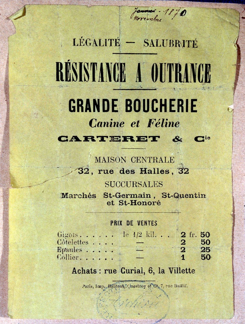 Legalite - Sanitet. Modstand mod Outrance. Fantastisk hundeslagter og katte... Plakat, der viser prisen på hunde- og kattekød for indbyggerne i Paris under belejringen under 1870-kommunen. af Anonymous Anonymous